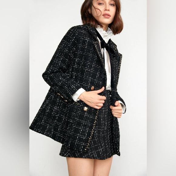 J.ING Abbas Black Double-Breasted Tweed Coat Jacket Blazer Size Small NWT - Picture 2 of 11